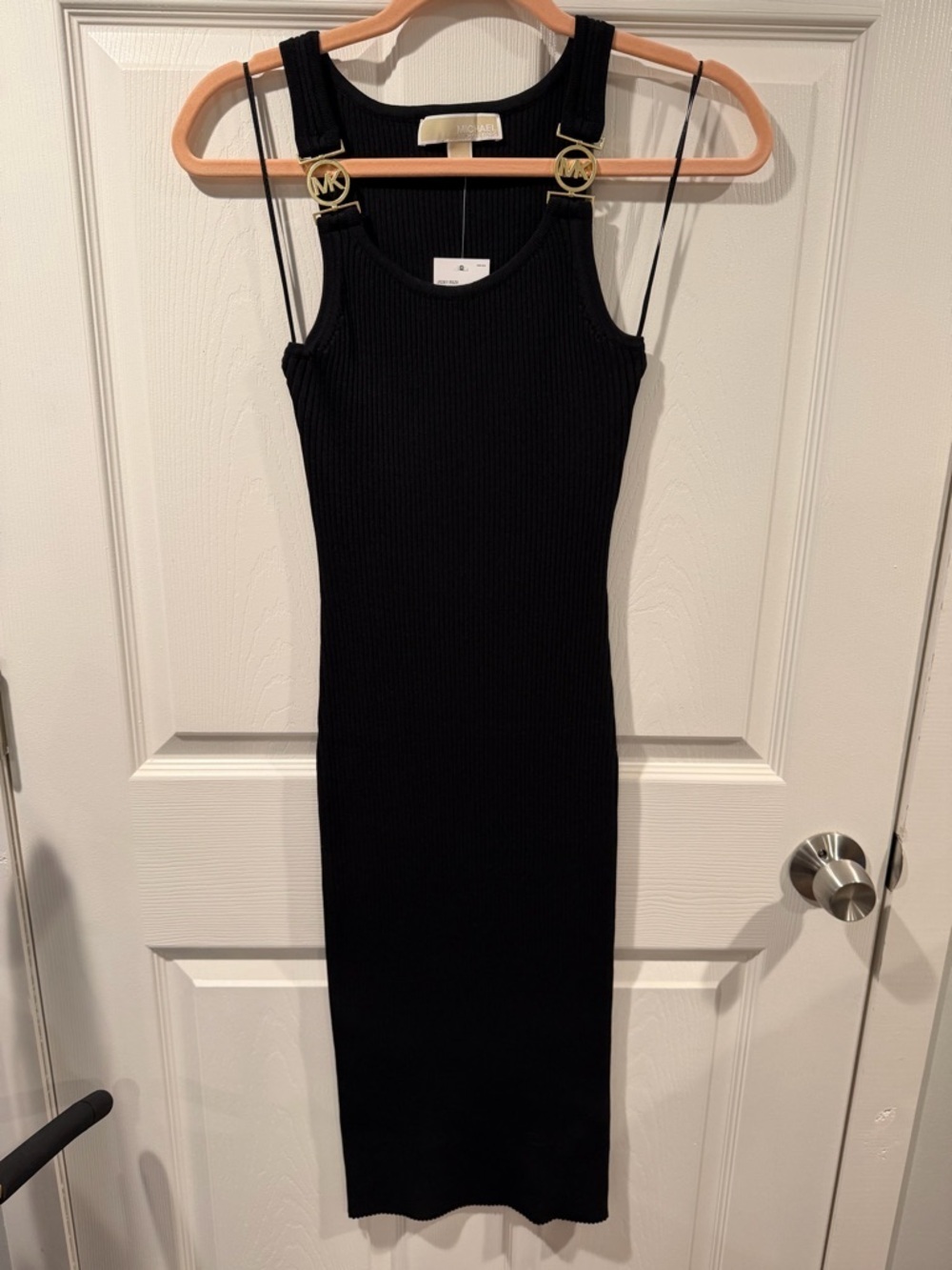 MICHAEL Michael Kors Black Ribbed Midi Dress with Gold MK Hardware